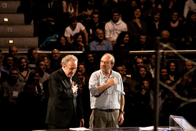 Michele Santoro e Vauro durante Raiperunanotte